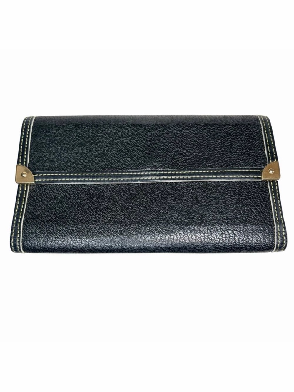 Louis Vuitton Suhali Black Leather Long Wallet w/ Beige Trim Gold Hardware